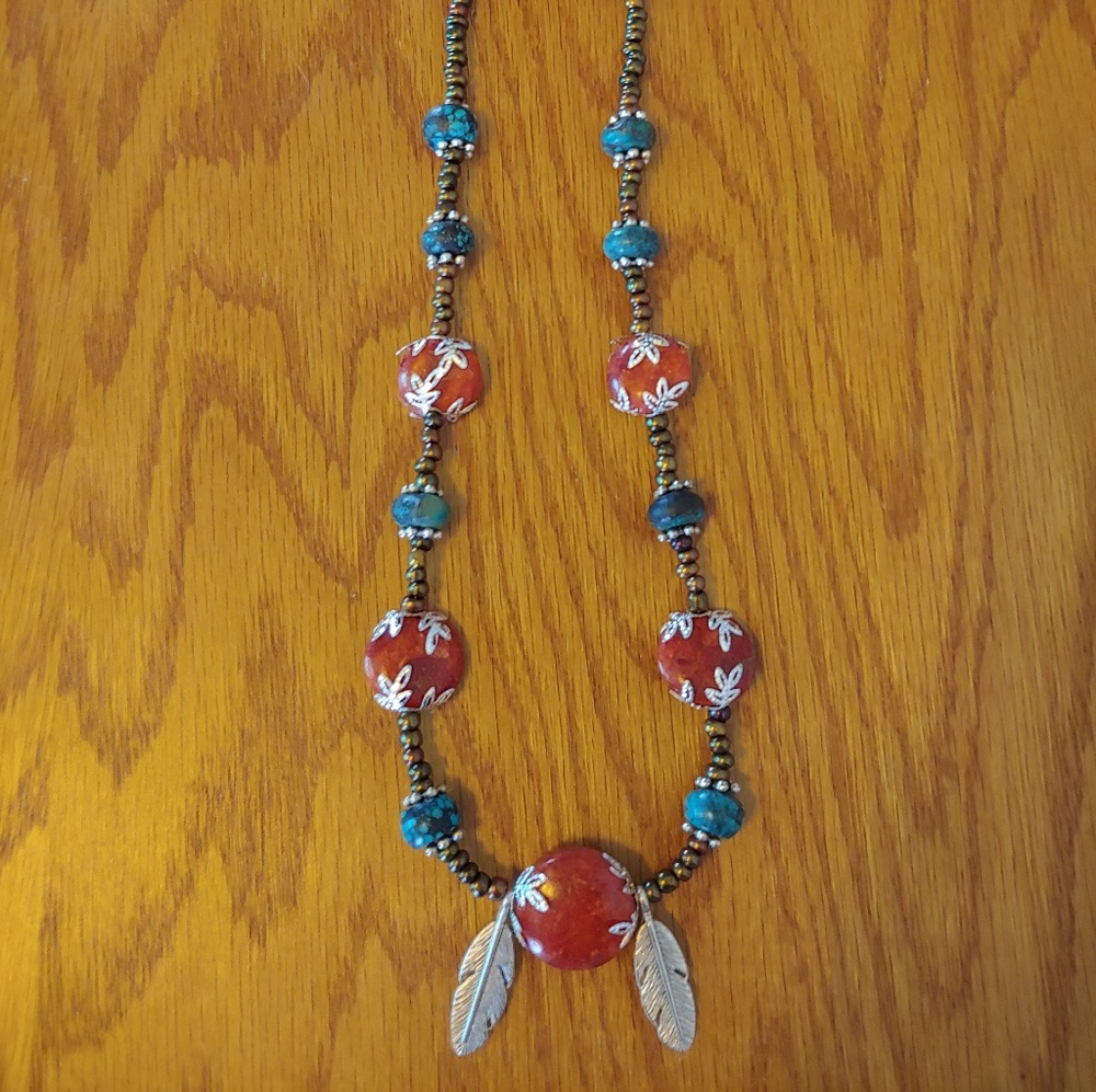 Red coral&turquoise with silver feathers